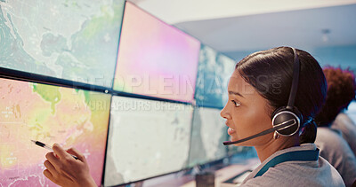 Buy stock photo Computer, screen or woman with microphone in control room for weather tracking, satellite maps or storm forecast. Meteorology, person or pointing to radar display for climate change or system monitor