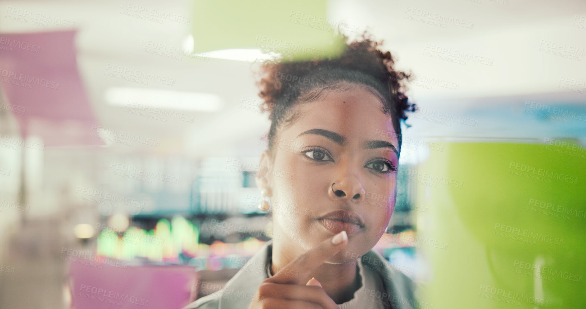Buy stock photo Thinking, glass and woman with sticky notes, business and plan for project with info or media coordinator. Marketing strategy, schedule and serious for campaign in office, reading or person with idea