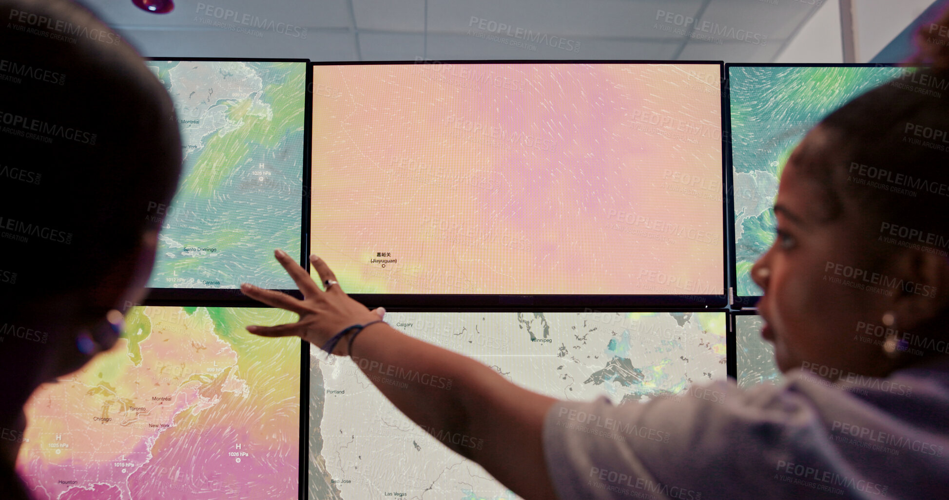 Buy stock photo Screen, weather and people for broadcast discussion with news, research and reporter. Presenter, pointing and professionals with forecast on media report for meteorology update for climate change