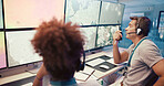 Screen, weather and man for radio broadcast with news, research and reporter. Presenter, ecology discussion and professionals with forecast on media report for meteorology update for climate change