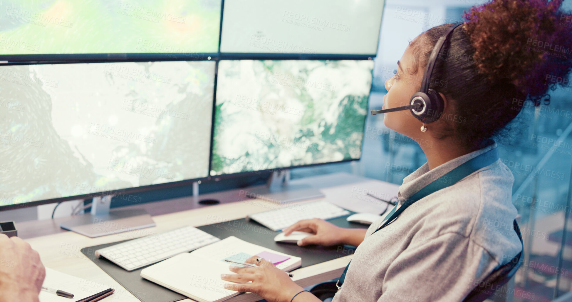 Buy stock photo Computer screen, tracking or woman with headset in control room for weather pattern and monitor atmosphere maps. Meteorology, person and radar technology for climate change research and forecasting