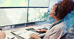 Computer screen, tracking or woman with headset in control room for weather pattern and monitor atmosphere maps. Meteorology, person and radar technology for climate change research and forecasting