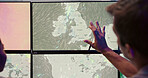 Screen, weather and man for wind broadcast for news, research and reporter. Presenter, ecology discussion and professionals with forecast on media report for meteorology update for climate change