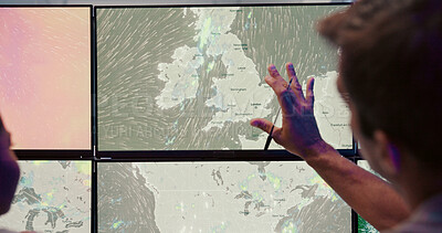 Buy stock photo Screen, weather and man for wind broadcast for news, research and reporter. Presenter, ecology discussion and professionals with forecast on media report for meteorology update for climate change