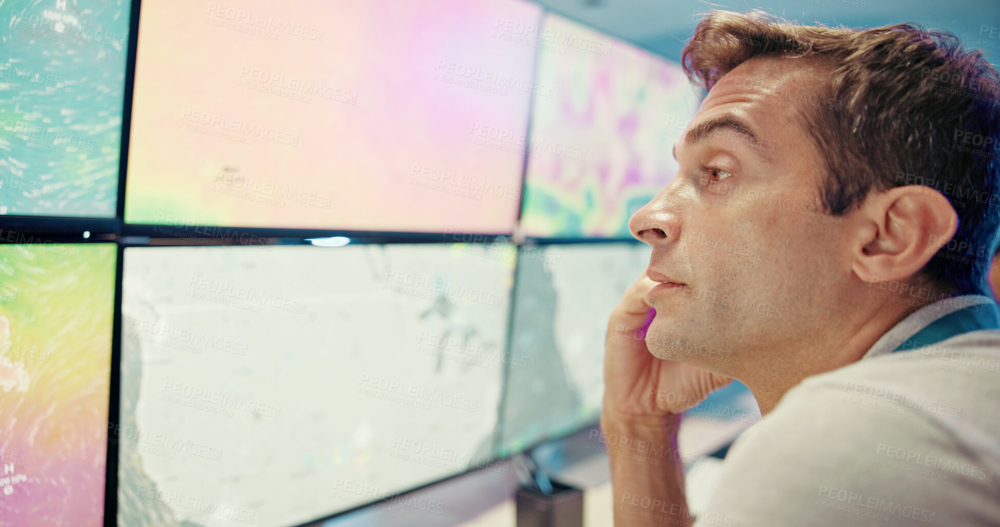 Buy stock photo Screen, weather and man on computer for forecast, news research or ecology with fatigue. Tired, check or tracking technology equipment with maps for meteorology report, storm radar or climate change