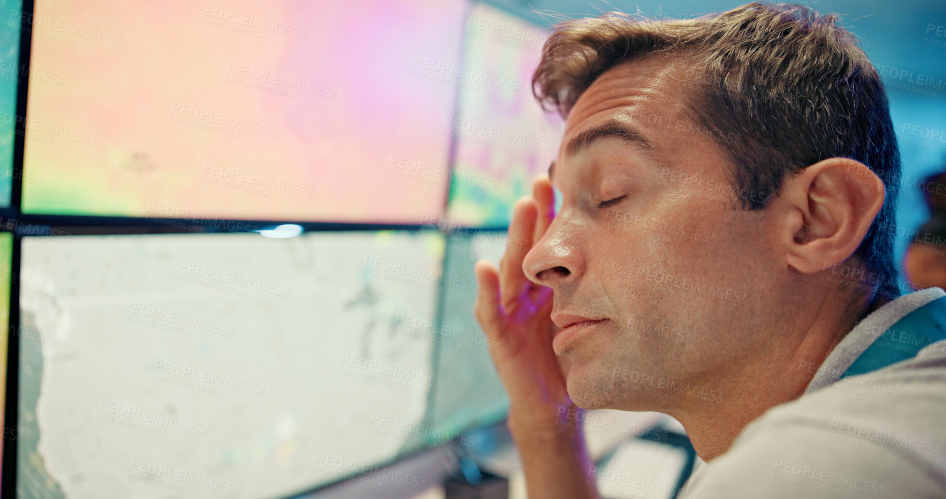 Buy stock photo Screen, tired and man on computer for analysis, forecast news or ecology research in night. Sleepy, fatigue or tracking technology with maps for meteorology report, weather radar or climate change