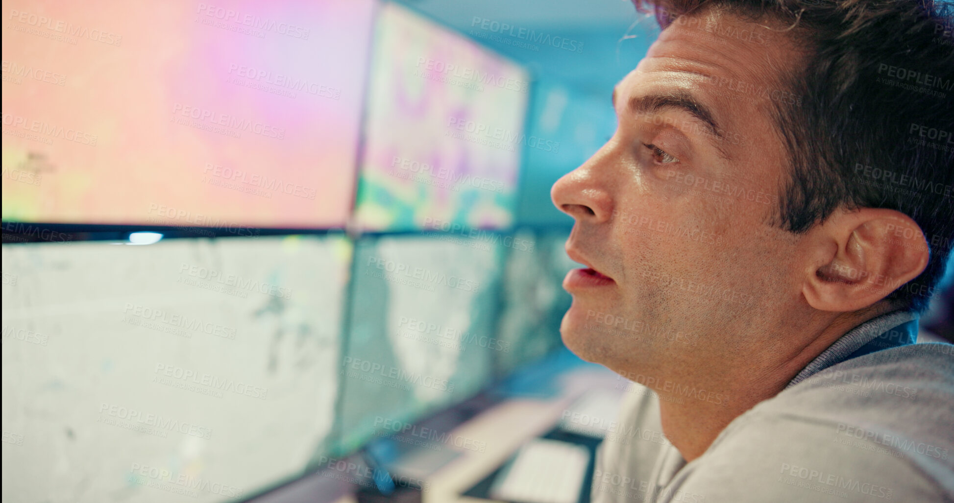 Buy stock photo Tired, thinking and man with internet, computer screen and tech for climate change, burnout and solution. Person, meteorology and employee in workplace, pc and bored with fatigue and exhausted