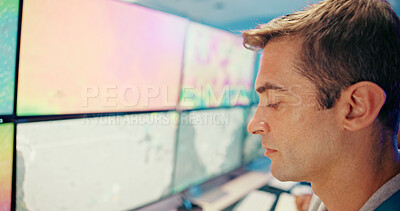 Buy stock photo Screen, weather or man on computer for maps for news, research or data center in office. Monitor, check or tracking technology equipment for meteorology report, storm radar or climate change forecast