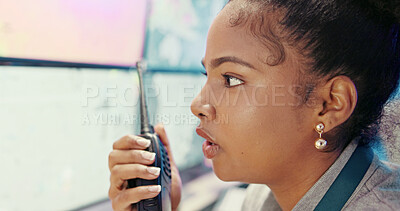Buy stock photo Screen, weather and woman for radio broadcast for news, research and reporter. Presenter, ecology discussion and professionals with forecast on media report for meteorology update for climate change