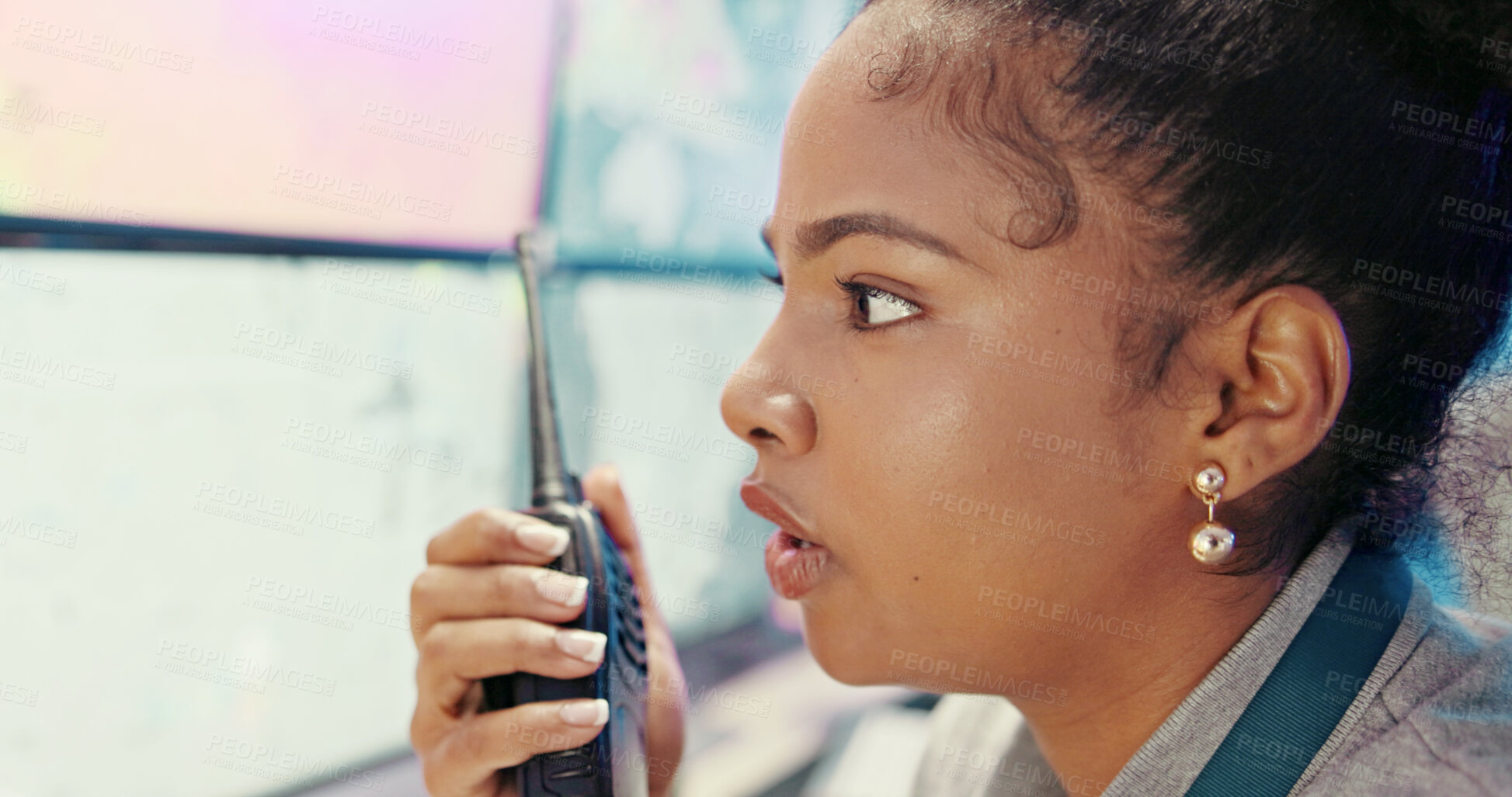 Buy stock photo Screen, weather and woman for radio broadcast for news, research and reporter. Journalist, ecology discussion and professionals with forecast on media report for meteorology update for climate change