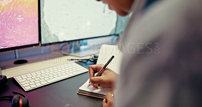 Buy stock photo Hands, computer and man writing with map for news, research or ecology in office. Monitor, notebook or tracking technology equipment for meteorology report, storm radar or climate change forecast