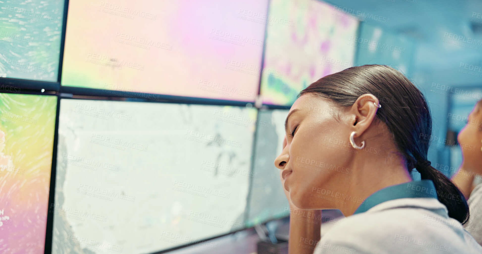 Buy stock photo Sleeping, tired or woman on computer for maps, forecast screen or ecology research in night. Exhausted, fatigue or weather tracking technology for meteorology info, satellite radar or climate change