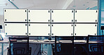Computer screens, control room and mockup space for security, safety or cctv footage on monitor. Protection service, tracking markers and blank desktop with surveillance inspection in office.