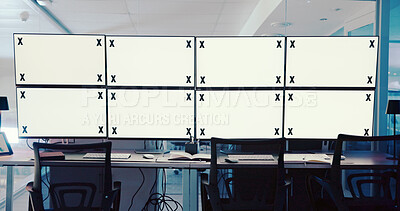 Buy stock photo Computer screens, control room and mockup space for security, safety or cctv footage on monitor. Protection service, tracking markers and blank desktop with surveillance inspection in office.