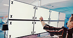 Computer screens, mockup and man space for security, safety or cctv footage on monitor. Protection service, tracking markers and guard by blank desktop with surveillance inspection in control room.