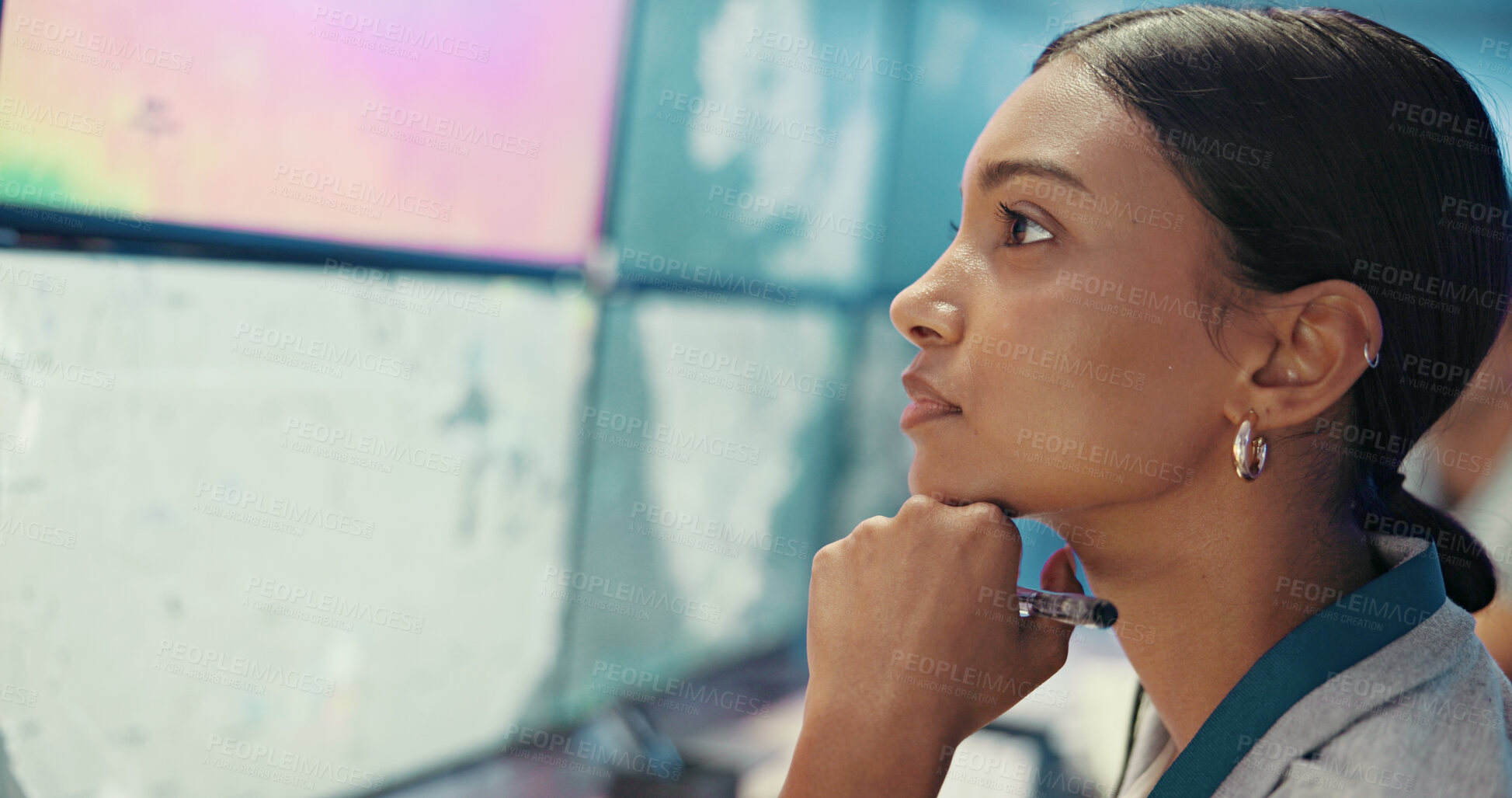 Buy stock photo Control room, thinking and woman with computer, screen and decision with climate change. Person, meteorology or employee with observation, pc or problem solving with results for research and solution