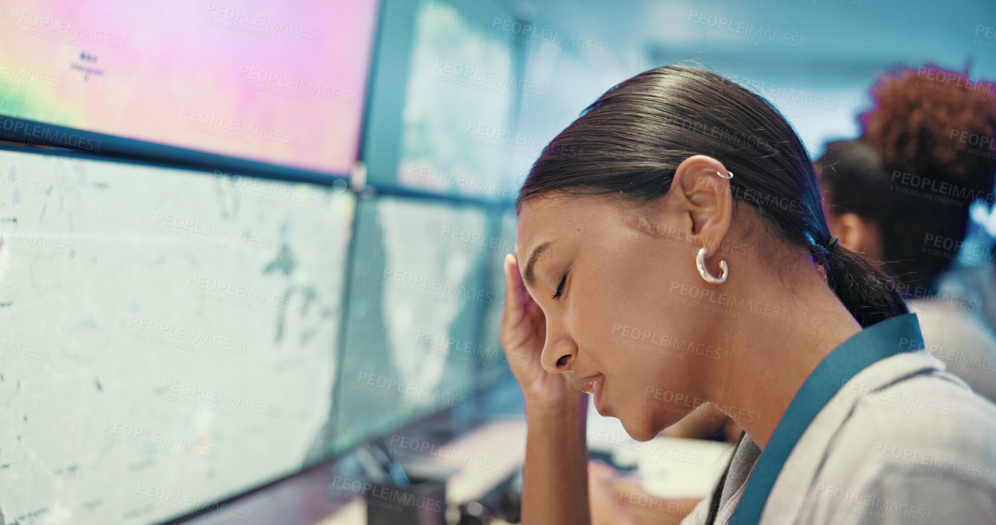 Buy stock photo Headache, stress or woman on computer with screen, forecast mapping or ecology research in night. Burnout, migraine or weather tracking tech for meteorology info, satellite radar or climate change
