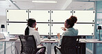 Talking, women or space on screen in control room for trading, finance or stock market prices in night. Teamwork, tracking markers or traders with mockup, people or monitor for review in data center