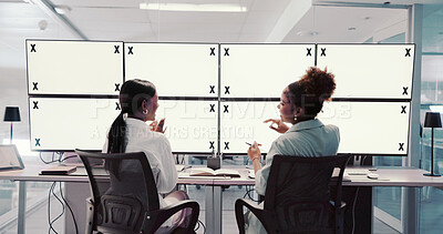 Buy stock photo Talking, women or space on screen in control room for trading, finance or stock market prices in night. Teamwork, tracking markers or traders with mockup, people or monitor for review in data center