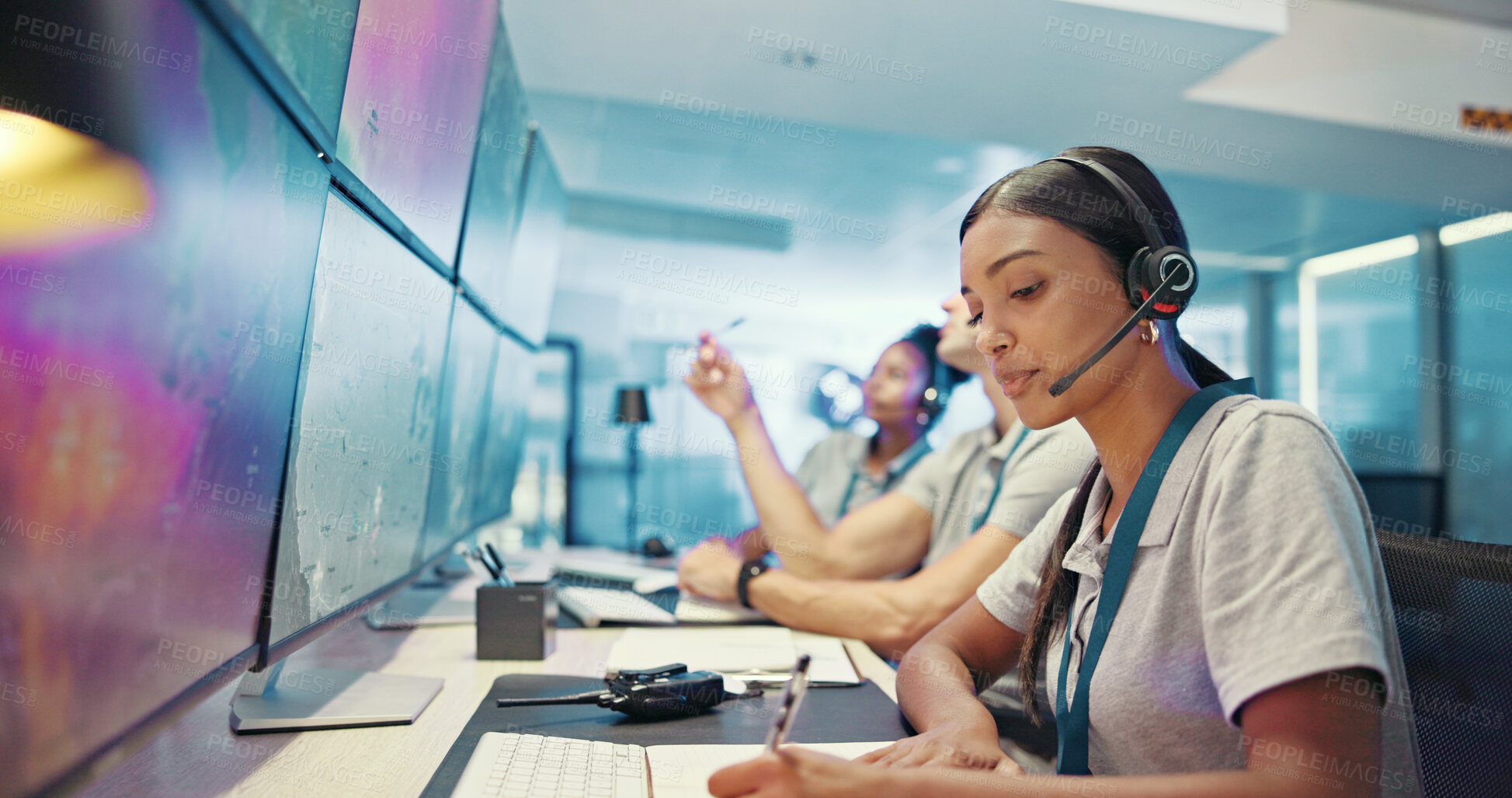 Buy stock photo Computer, emergency service and woman with headset for security, dispatcher and operator. Telecommunication, surveillance office and first responder with monitor for incident report, contact and help