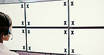Back, woman or space on computer in call center for trading, finance or stock market prices in night. Headset, tracking markers or consultant on monitor with help, mockup or technology in data center