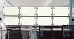 Computer screens, office and space for security, safety or cctv footage on monitor. Protection service, tracking markers and blank mockup desktop with surveillance inspection in control room.
