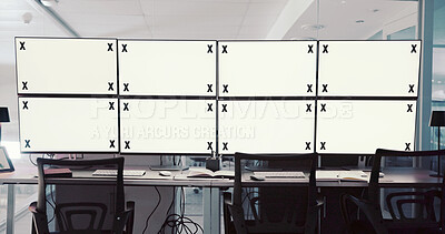 Buy stock photo Computer screens, office and space for security, safety or cctv footage on monitor. Protection service, tracking markers and blank mockup desktop with surveillance inspection in control room.