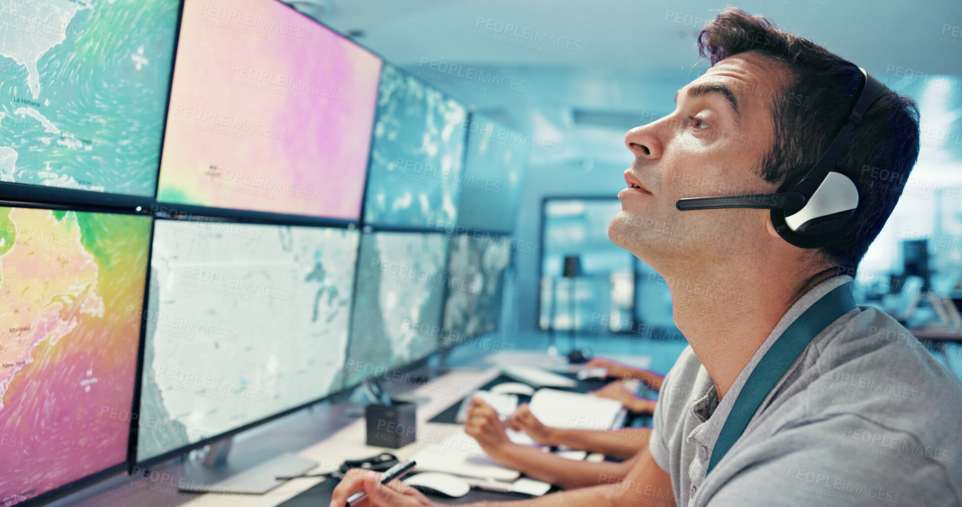Buy stock photo Computer, emergency service and man with headset for global security, dispatcher and operator. Telecommunication, surveillance maps and first responder on monitor for incident report, contact or help