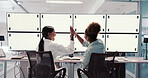 Space, office or women high five with computer for trading, finance goal or stock market success. Teamwork, tracking markers or excited traders with mockup, target or people on monitor in data center