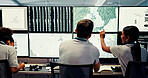 Screen, people and meteorology with forecast for weather, satellite maps or teamwork to track storm. Control room, back or scientists with monitor for broadcast news, pattern review or climate change