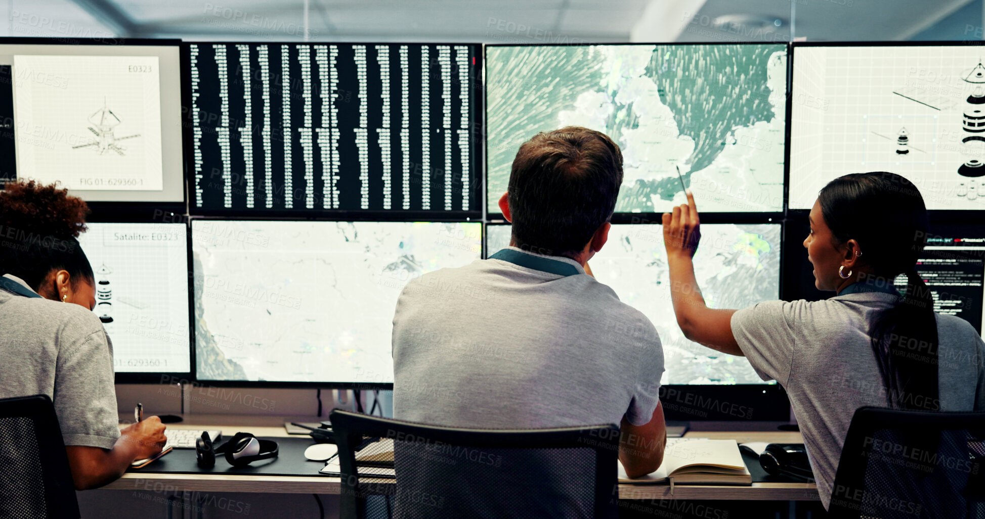 Buy stock photo Screen, people and meteorology with weather for broadcast, satellite maps or teamwork to track storm. Control room, back or scientists with monitor for forecast news, pattern review or climate change