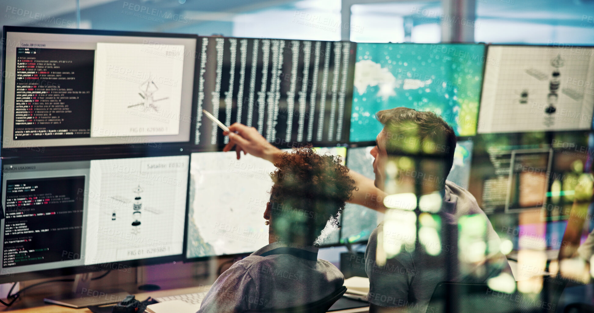 Buy stock photo Screen, weather data and people for broadcast discussion with news, research and reporter. Presenter, ecology and professionals with forecast on media report for meteorology update for climate change