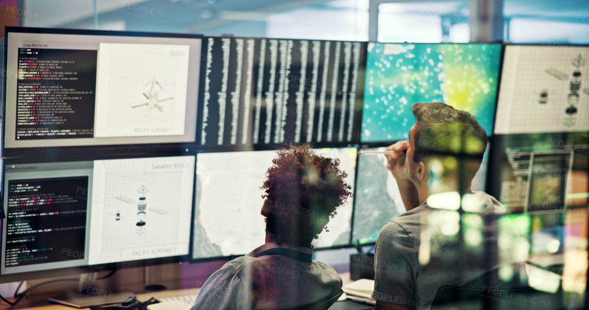 Buy stock photo Screen, weather data and people on computer for broadcast with news, research or reporter. Presenter, ecology and professionals with forecast on media report for meteorology update for climate change