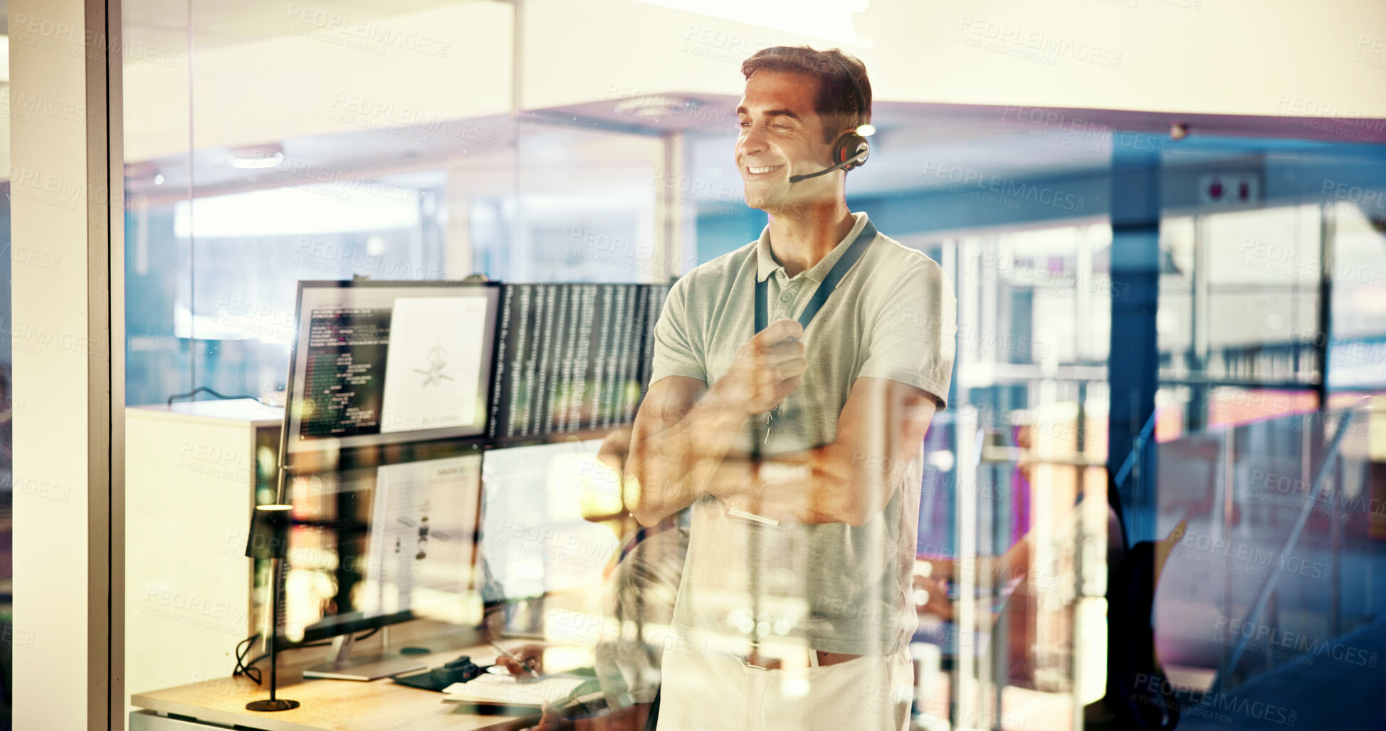 Buy stock photo Control room, headset and smile with man in airport for communication, safety or weather update. Computer screen, thinking and window with happy air traffic controller in glass office for planning