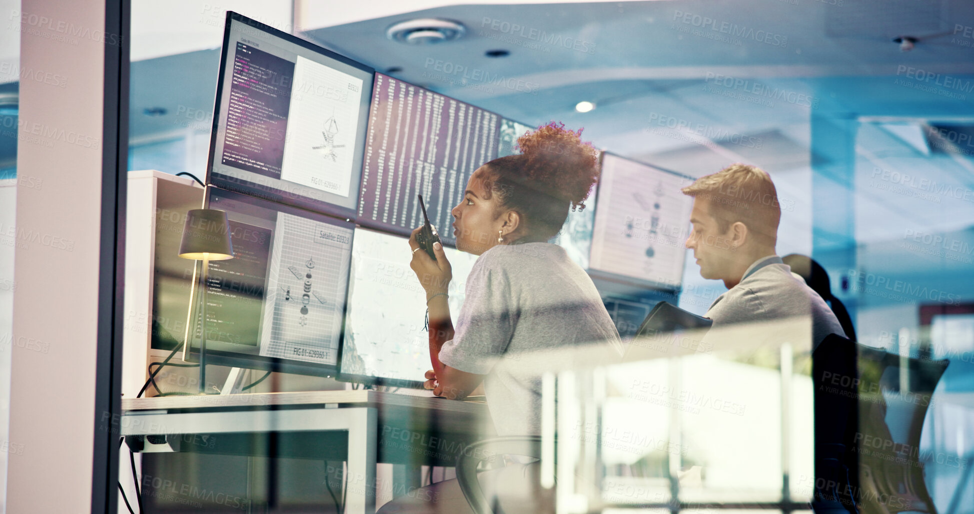 Buy stock photo People, meteorology and team with screen, forecast and radio for contact in cyclone season by glass. Woman, man and monitor with stats, info and atmosphere pressure with cloud system for hurricane