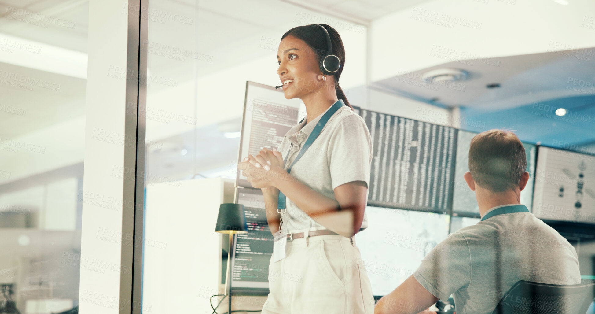 Buy stock photo Talking, woman and meteorologist by window in office with headset for broadcast with news. Ideas, tech and female weather reporter with climate change update with forecast on media in workplace.