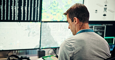 Buy stock photo Screen, weather and man with tablet for broadcast data with news, research or reporter. Presenter, ecology and back of journalist for forecast on media report for meteorology update or climate change