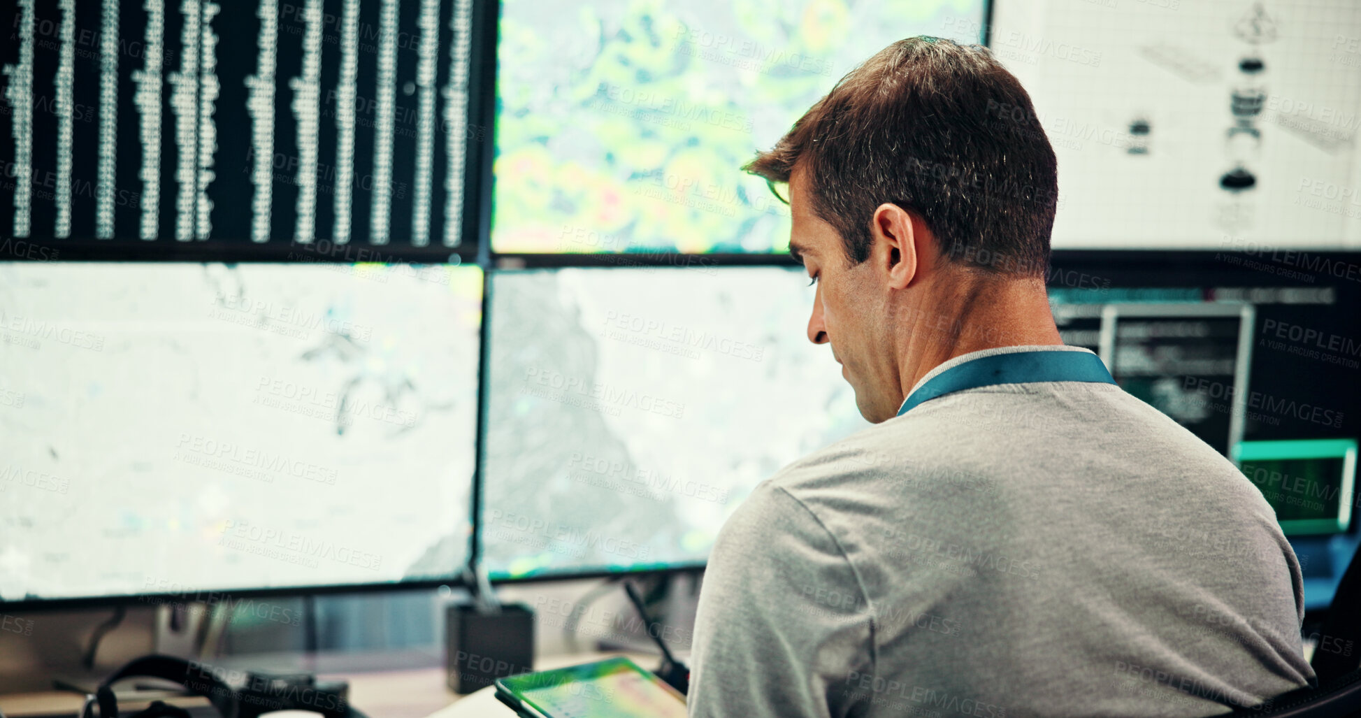 Buy stock photo Screen, weather and man with tablet for broadcast data with news, research or reporter. Presenter, ecology and back of journalist for forecast on media report for meteorology update or climate change
