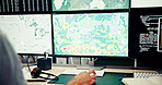 Screen, weather and hand for map data with news, wind research or reporter. Presenter man, ecology broadcast and journalist for forecast on media report for meteorology update or climate change