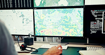 Buy stock photo Screen, weather and hand at computer with map, news and wind research for reporter. Man, ecology broadcast and journalist with forecast on media report for meteorology update or climate change