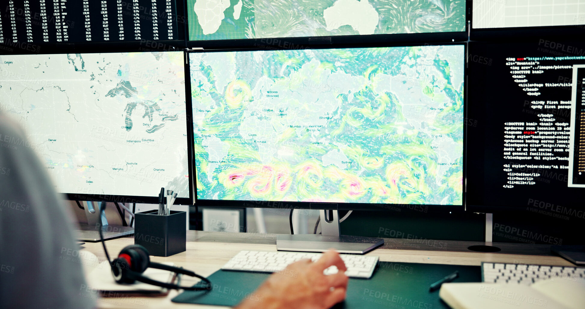 Buy stock photo Screen, weather and hand at computer with map, news and wind research for reporter. Man, ecology broadcast and journalist with forecast on media report for meteorology update or climate change