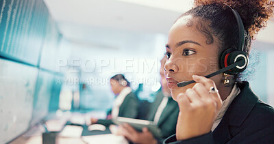 Buy stock photo Emergency, service and woman on computer with headset for security, dispatcher and operator. Telecommunication, surveillance and first responder with monitor for incident report, contact and help