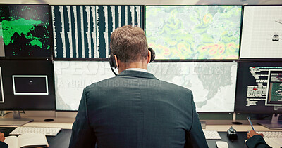 Buy stock photo Headset, back or man with screen for maps for news, research or ecology in data center. Pattern, check or computer for tracking technology for meteorology info, storm radar or climate change forecast