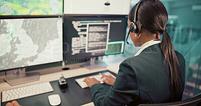 Buy stock photo Headset, back or woman with screen for maps for news, research or ecology in call center. Data, check or computer for tracking technology for meteorology info, storm radar or climate change forecast 