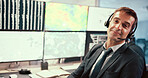 Man, meteorology and screen for weather, forecast and voip headset at contact center, monitor and map for atmosphere. Person, scientist and stats by pc for temperature, clouds and hurricane in USA