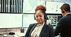 Woman, meteorology and research by monitor for climate change, headset and map for atmosphere. Person, happy and portrait with screen for clouds, global warming and weather pattern at contact center