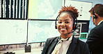 Woman, weather and monitor for climate research, voip headset and map for atmosphere pressure. Person, happy and portrait with screen for clouds, global warming or meteorology study at contact center