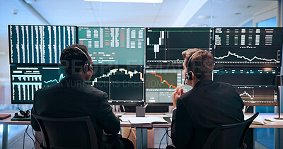 Buy stock photo Computer screen, finance and men with headset for stock market, financial analytics and trading review. Fintech, office and people on monitor for online investment, revenue charts and statistics