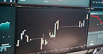 Stock market chart, computer screen and financial graphs for trading, data analytics or global exchange lines. Fintech, monitor or price trends for growth algorithm, profit patterns or revenue stats