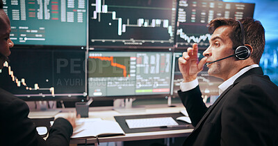 Buy stock photo Men, headset and graphs for stock market, talking or computer screen for consulting at investment agency. Business people, partner and discussion with charts for profit, revenue or trading by monitor